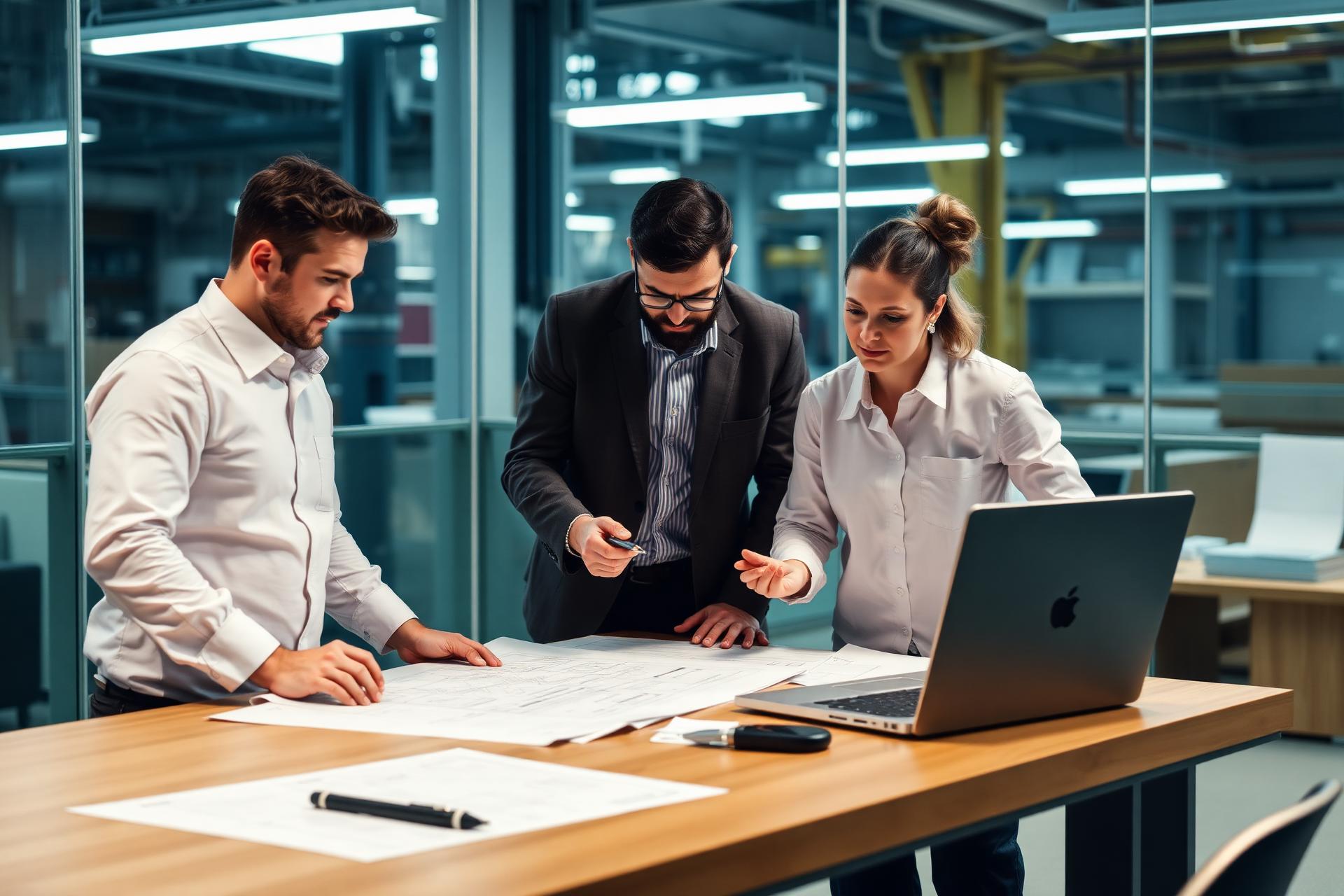Equipe de engenharia analisando projetos e cronogramas