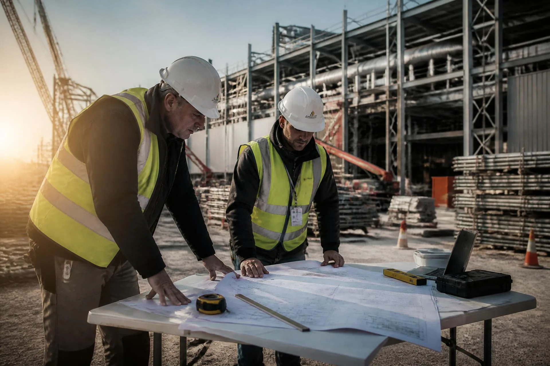 Engenheiros analisando projeto executivo em canteiro de obras